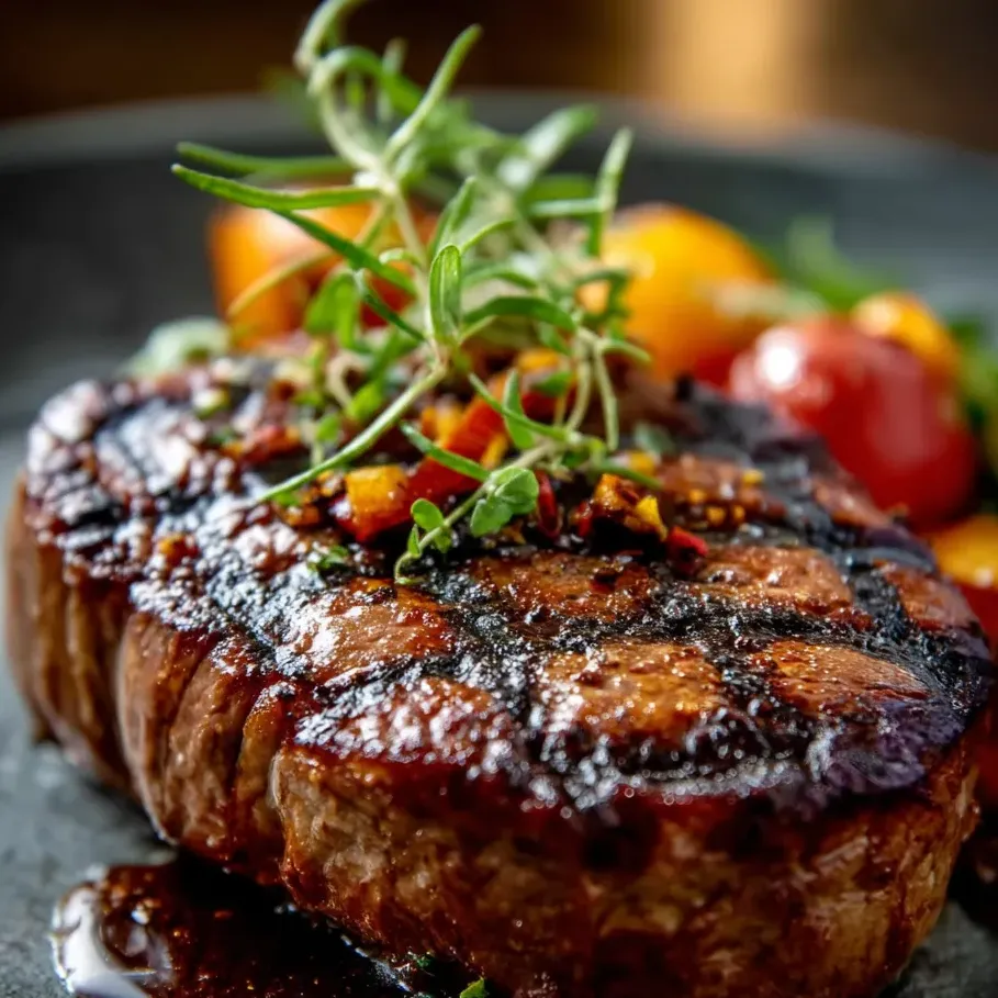 Eine Steak-Portion mit grünen Zutaten wie Petersilie und Tomaten auf einem Teller.