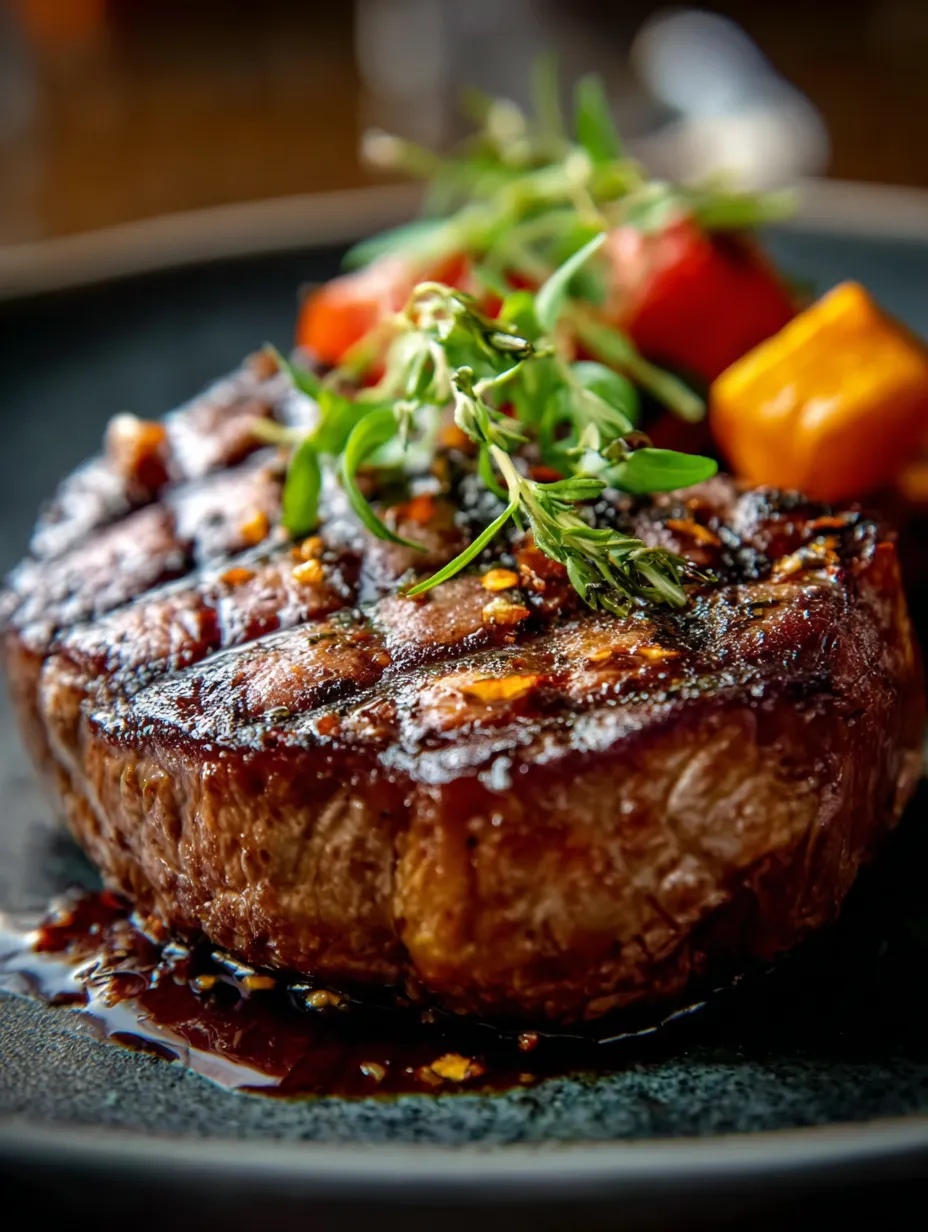 Eine prägnante Bildbeschreibung auf Deutsch lautet: "Ein steak mit grünen Zutaten auf einem Teller.