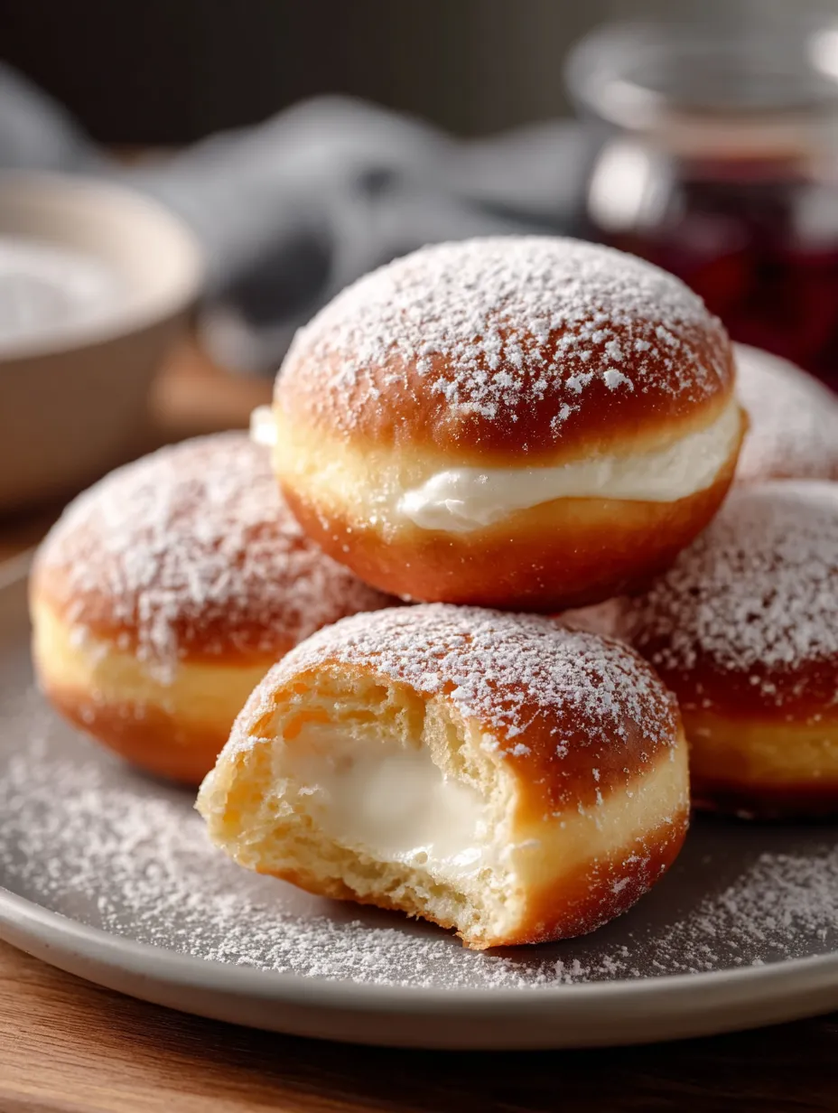 Eine Platte mit sechs weißen, süßen, frischen Donuts, die mit Zucker bestreut sind.
