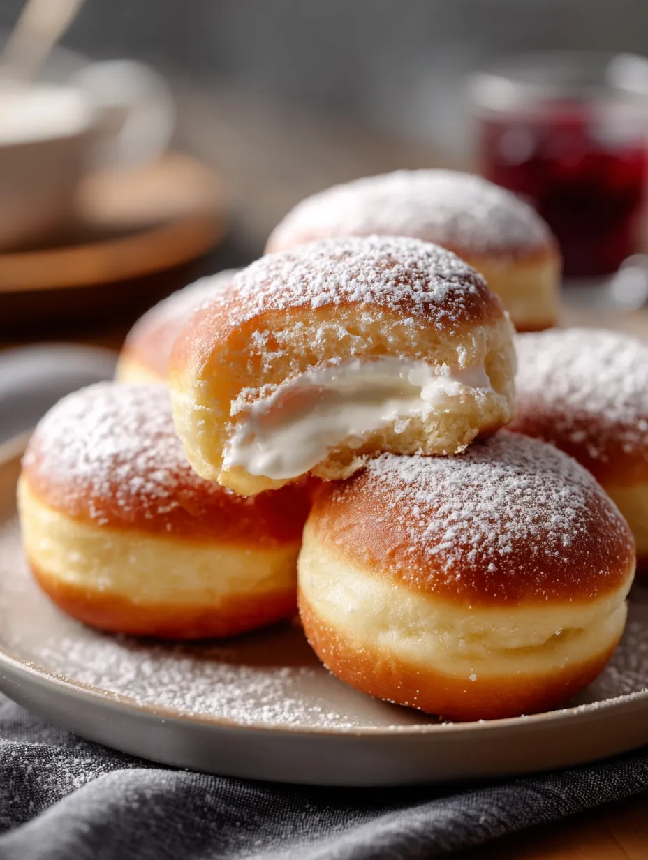 Eine Platte mit sechs weißen Donuts, die mit Zucker bestreut sind.
