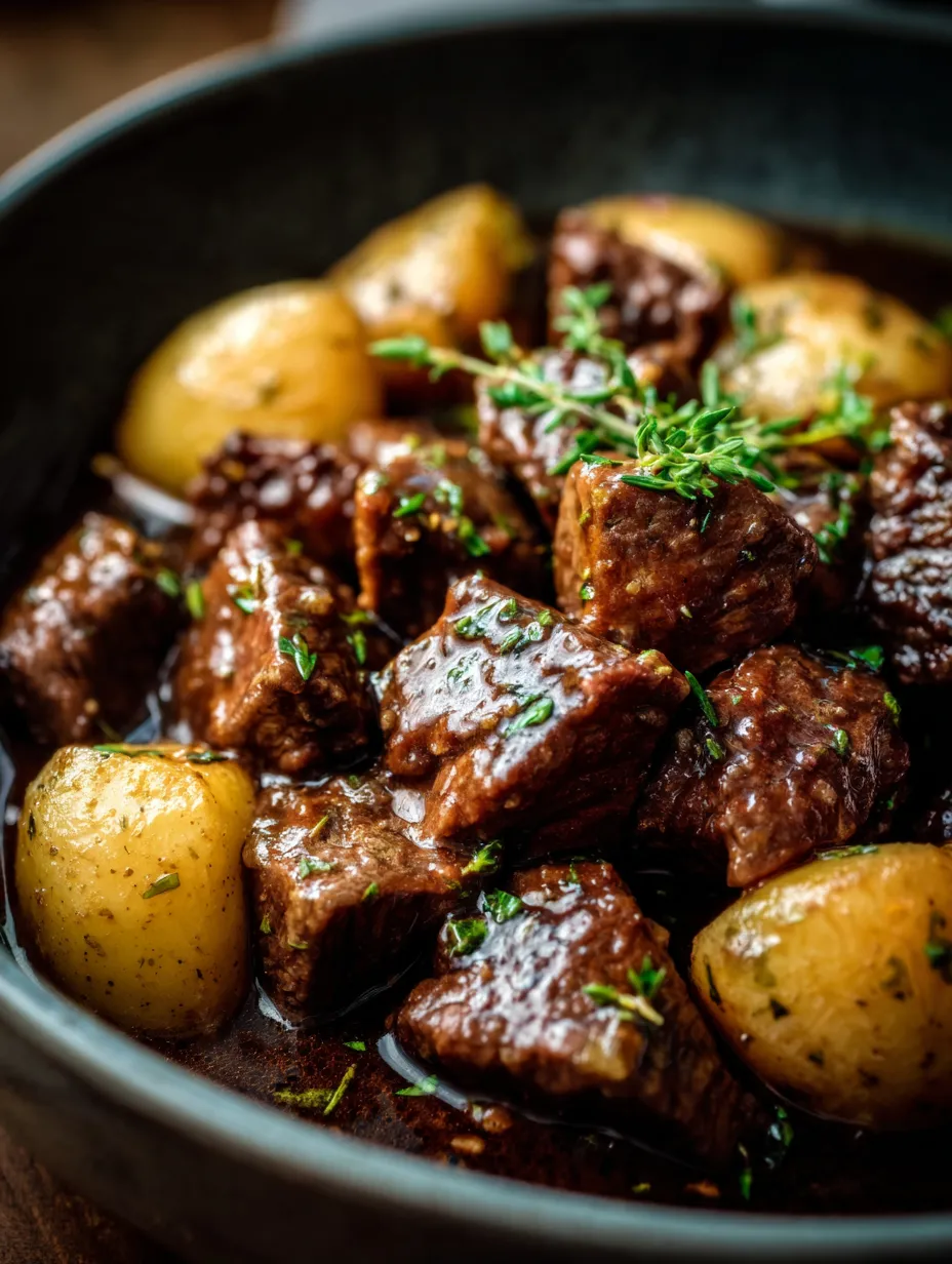 Ein Schmelztopf mit schwarzem Fleisch und Kartoffeln.