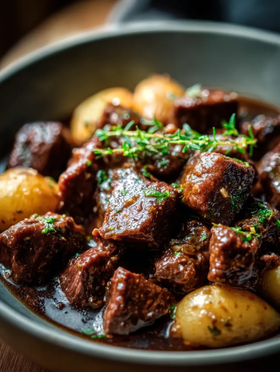 Ein Schmelztopf mit Fleisch, Zwiebeln und Kartoffeln.