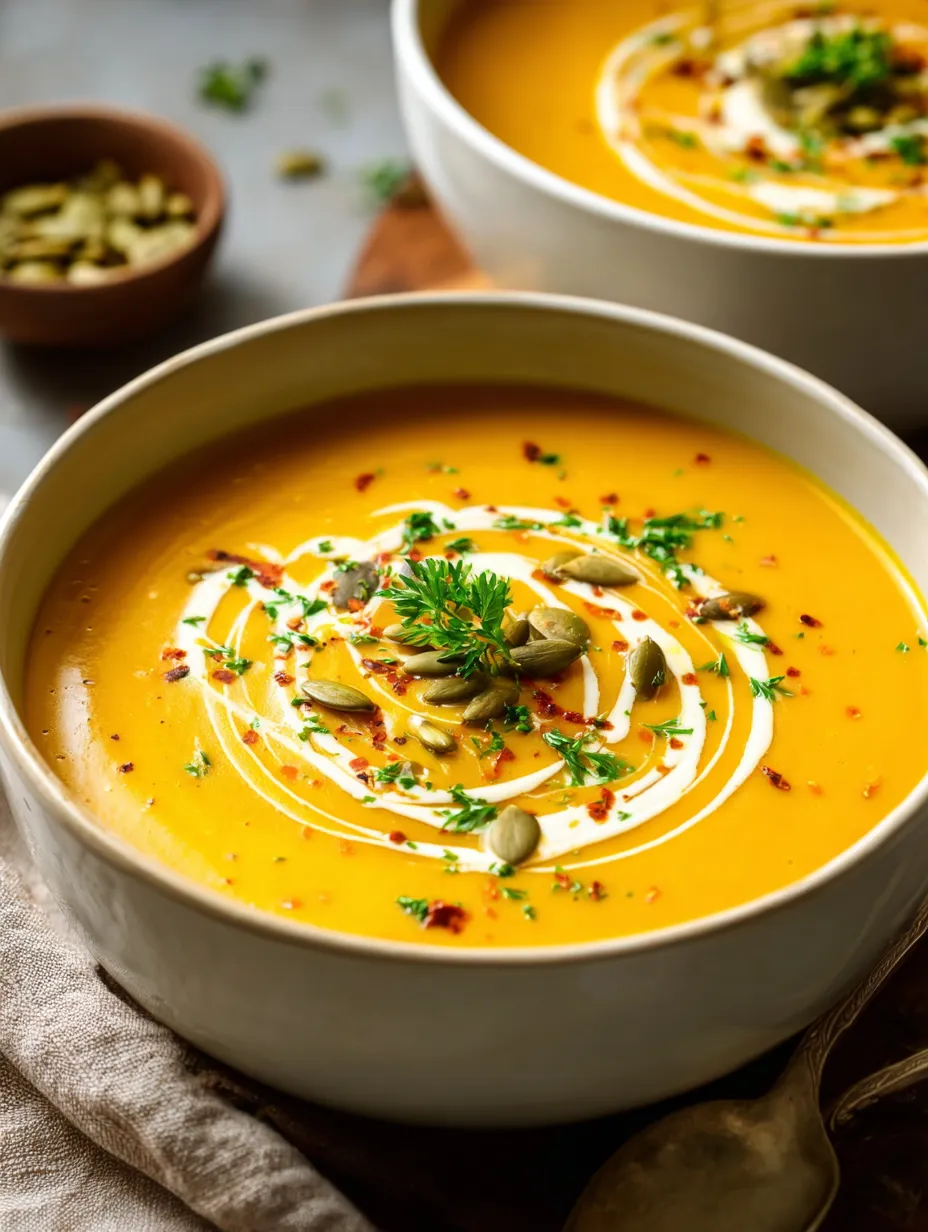 Ein wei&szlig;er Becher mit einer cremigen, kr&auml;ftigen Suppe, die mit Pumpfeln, Zwiebeln und Gew&uuml;rzen garniert ist.