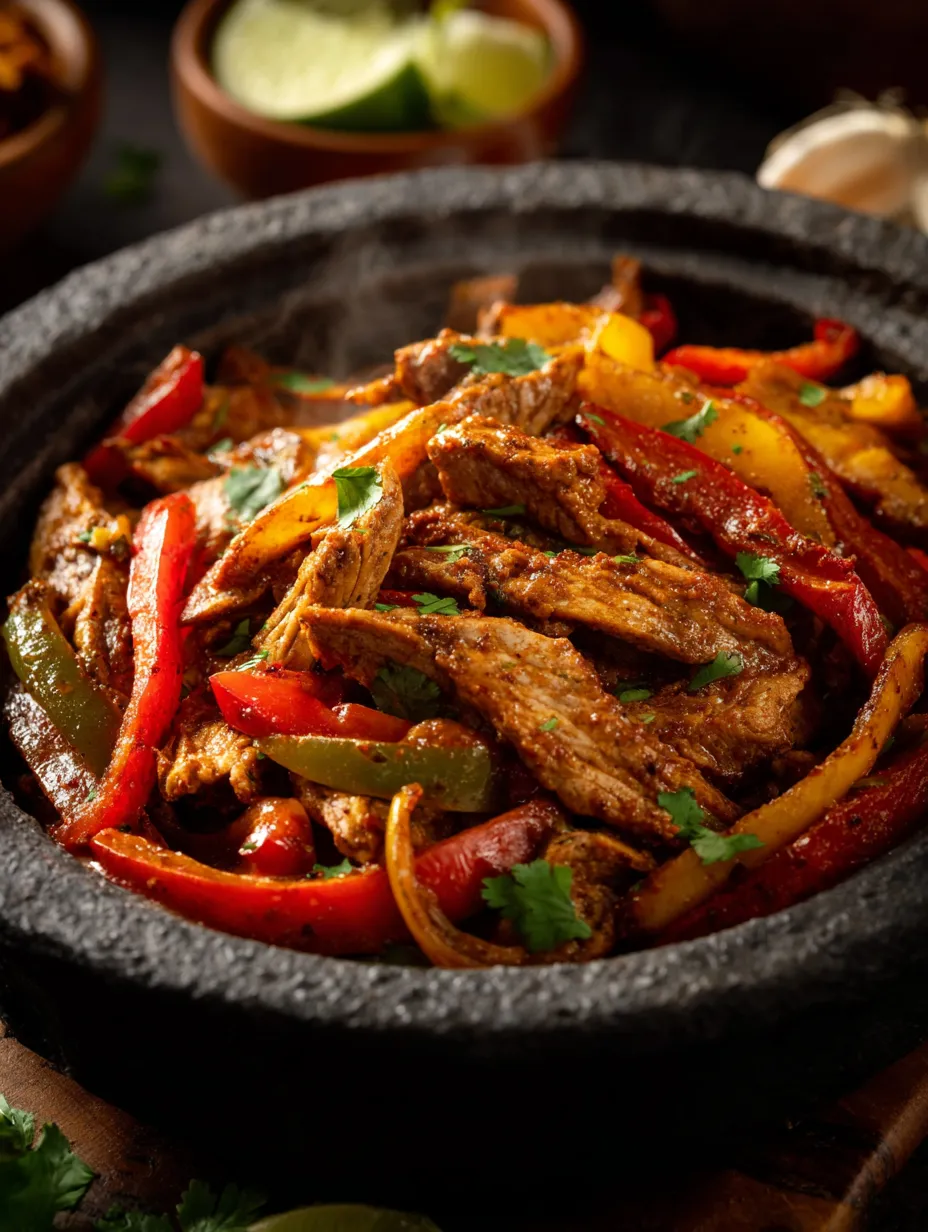 Ein schwarzes, mit verschiedenen Zutaten gefülltes Kochgeschirr mit einer Mischung aus Fleisch, Paprika, Zwiebeln und Tomaten.