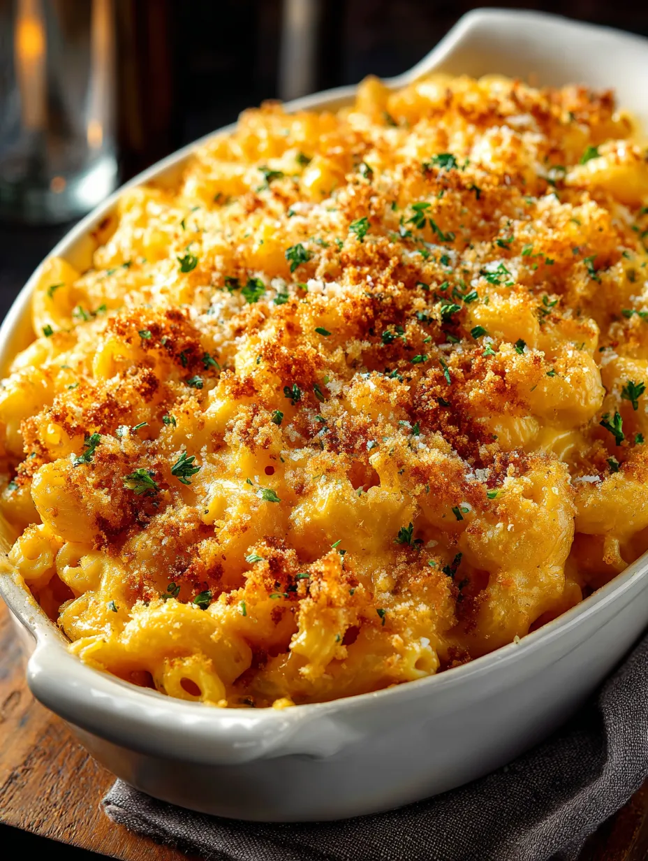 Ein weißer Teller mit einer cremigen, kräftigen Macaroni-Auflauffe, die mit Parmesan-Krümelchen und grünen Zwiebeln garniert ist.