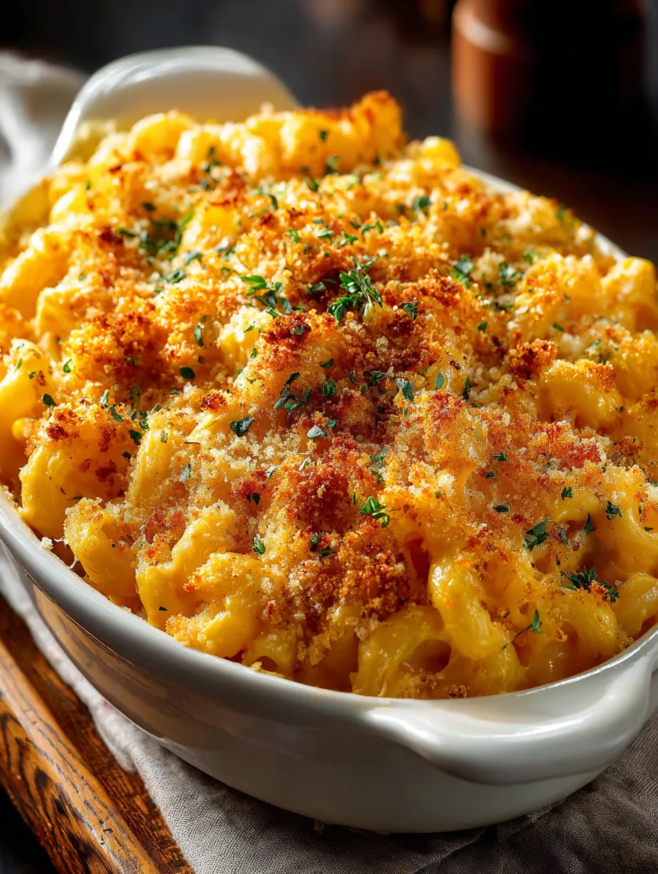Ein weißer Teller mit Macaroni und Krusten.