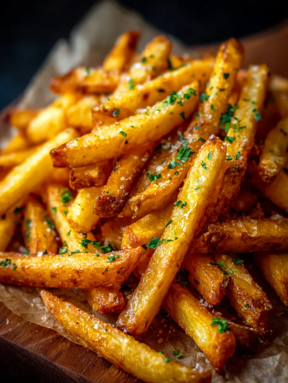 Eine Schüssel mit frisch zubereiteten Fritten, die mit Parsley garniert sind.