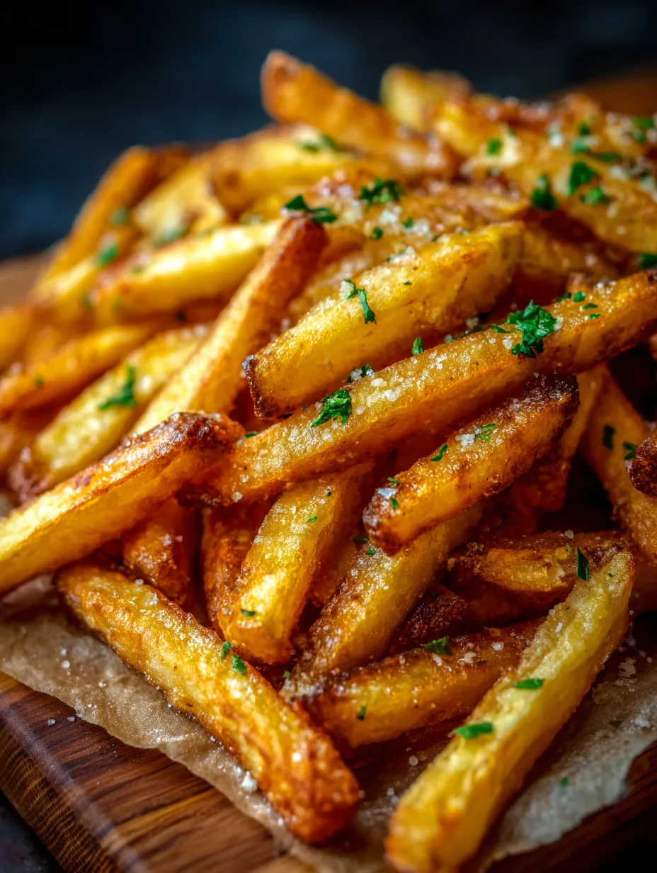 Eine Platte mit frisch zubereiteten Fritten, die mit Parmesan und Zwiebeln garniert sind.