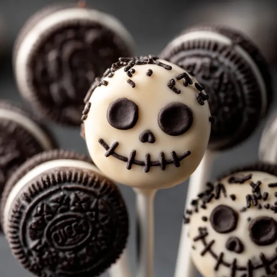 Eine Oreo-Schokoladenspitze mit einem Schokoladenglasur, die wie ein Gesicht aussieht.