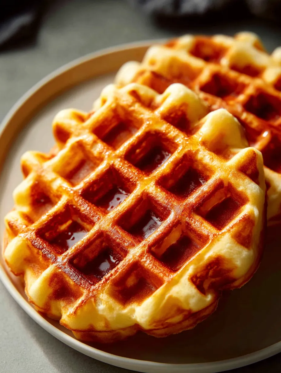 Ein weißer Waffelkuchen auf einem weißen Teller.