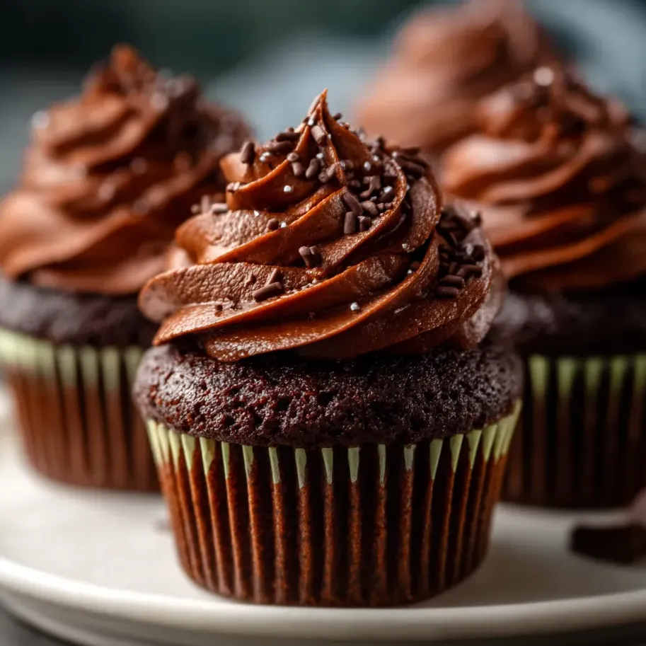 Zwei schokoladige Cupcakes mit Schokoladenglasur auf einem weißen Teller.