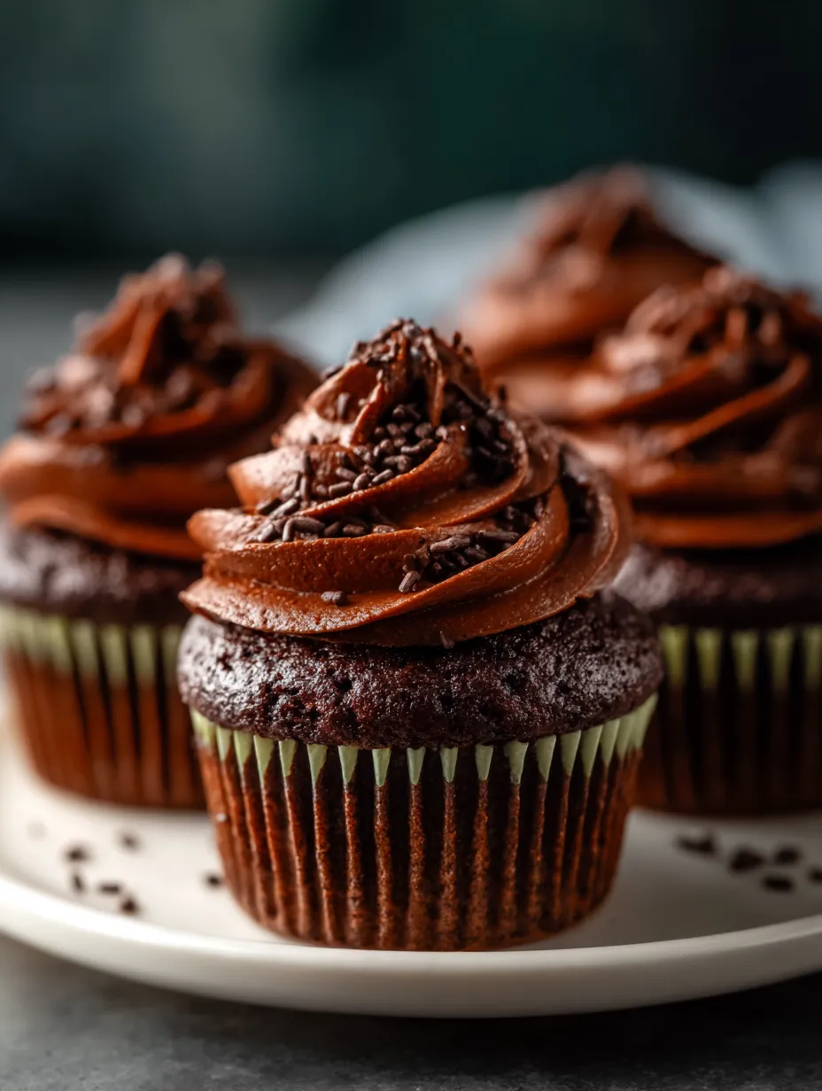Zwei schokoladige Cupcakes mit Schokoladenglasur auf einem wei&szlig;en Teller.