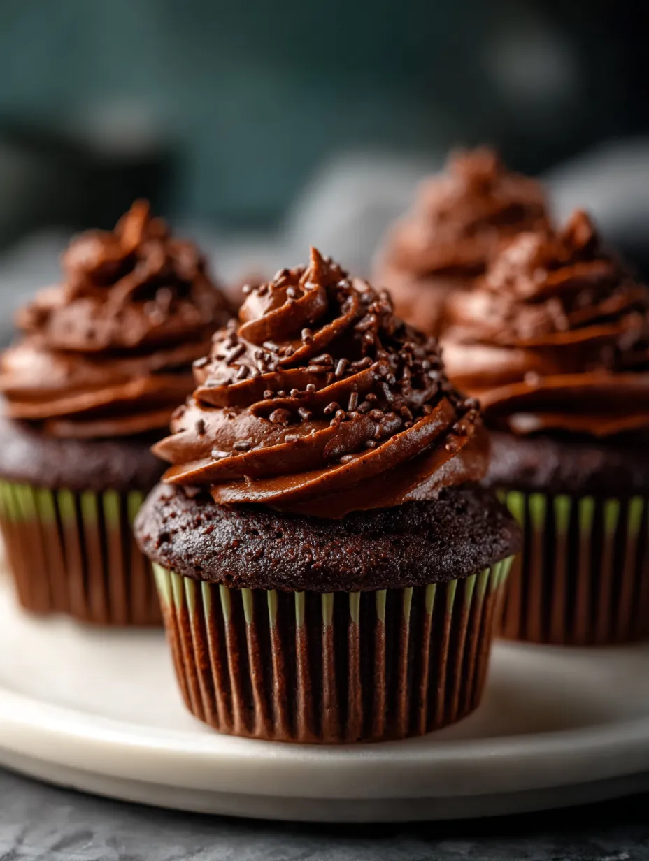 Ein wei&szlig;er Teller mit drei Chocolate-Cupcakes, die mit Schokoladenschaumkratzern und Schokoladenglasur garniert sind.