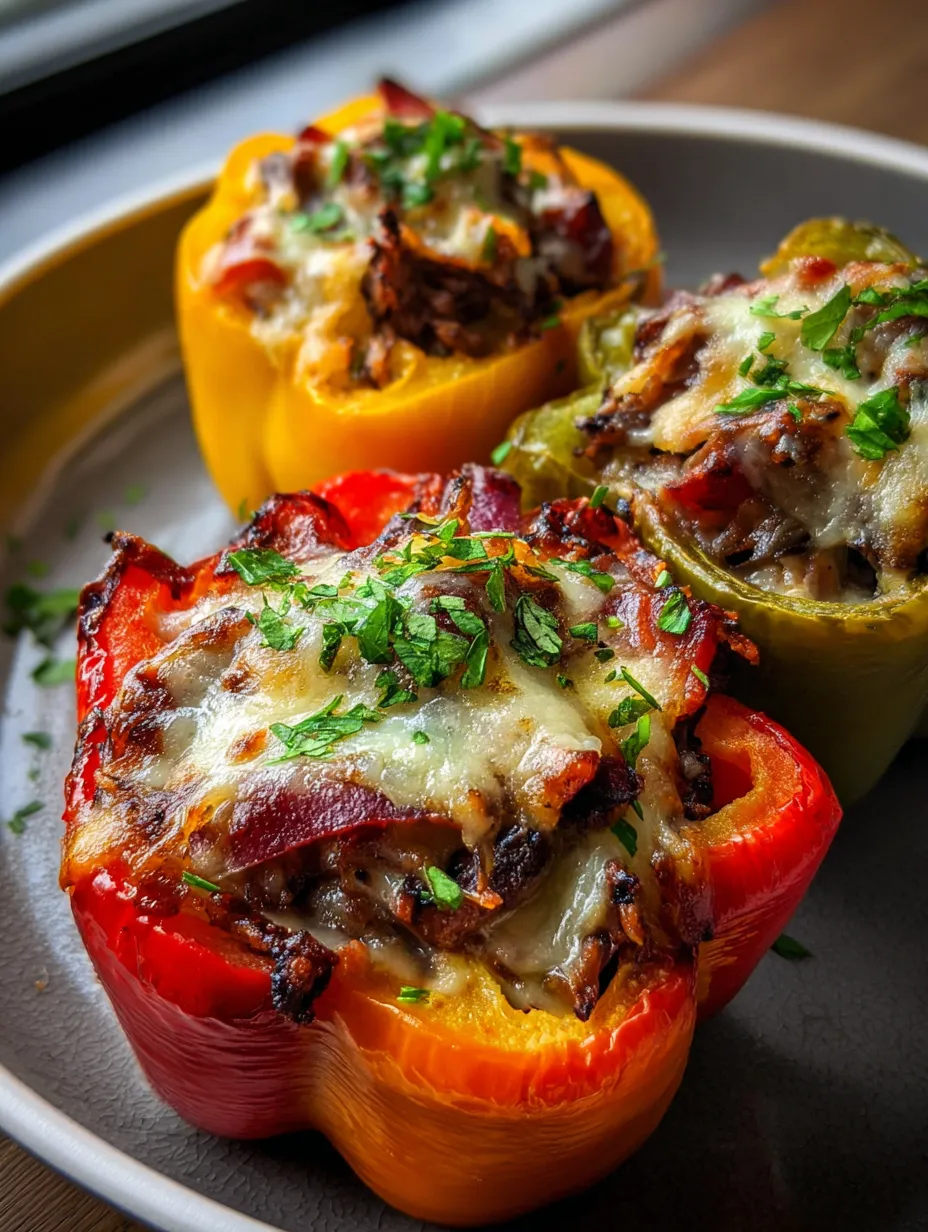 Three sliced red peppers with cheese and bacon on top.