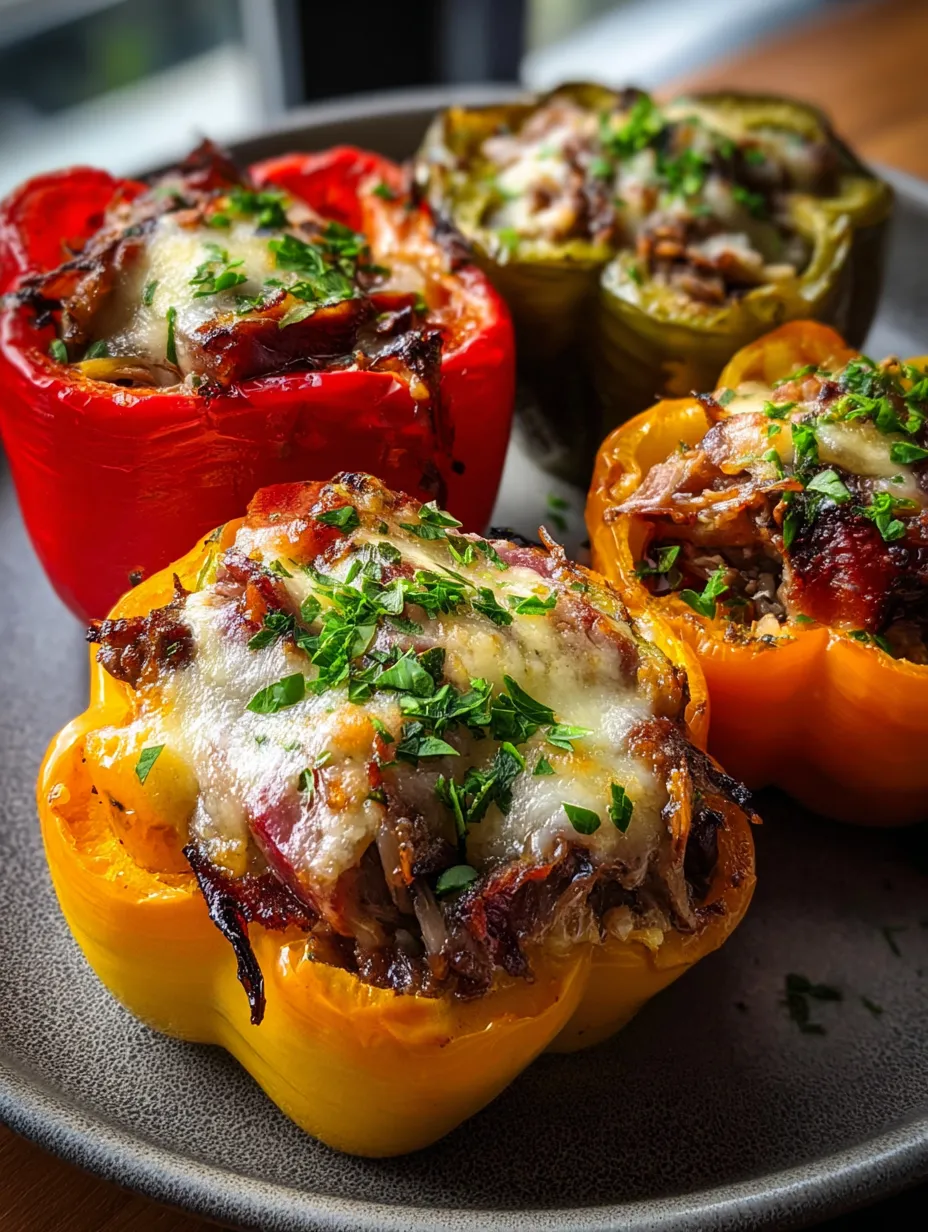Eine Gruppe von roten Paprika mit Rindfleisch und Käse darin.