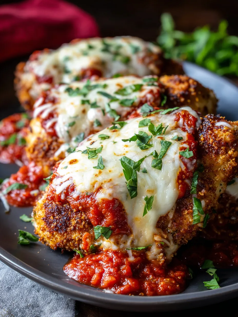 Eine Platte mit zwei Portionen von Chicken Parmesan, die mit Parmesan und Basilikum garniert sind.