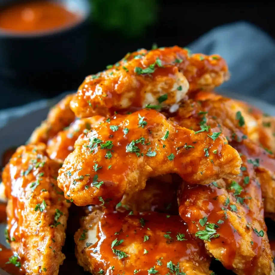 Ein Bild von einer Platte mit frisch zubereiteten Chicken-Wingstücken, die mit einer Sauce ausgestrichen sind.