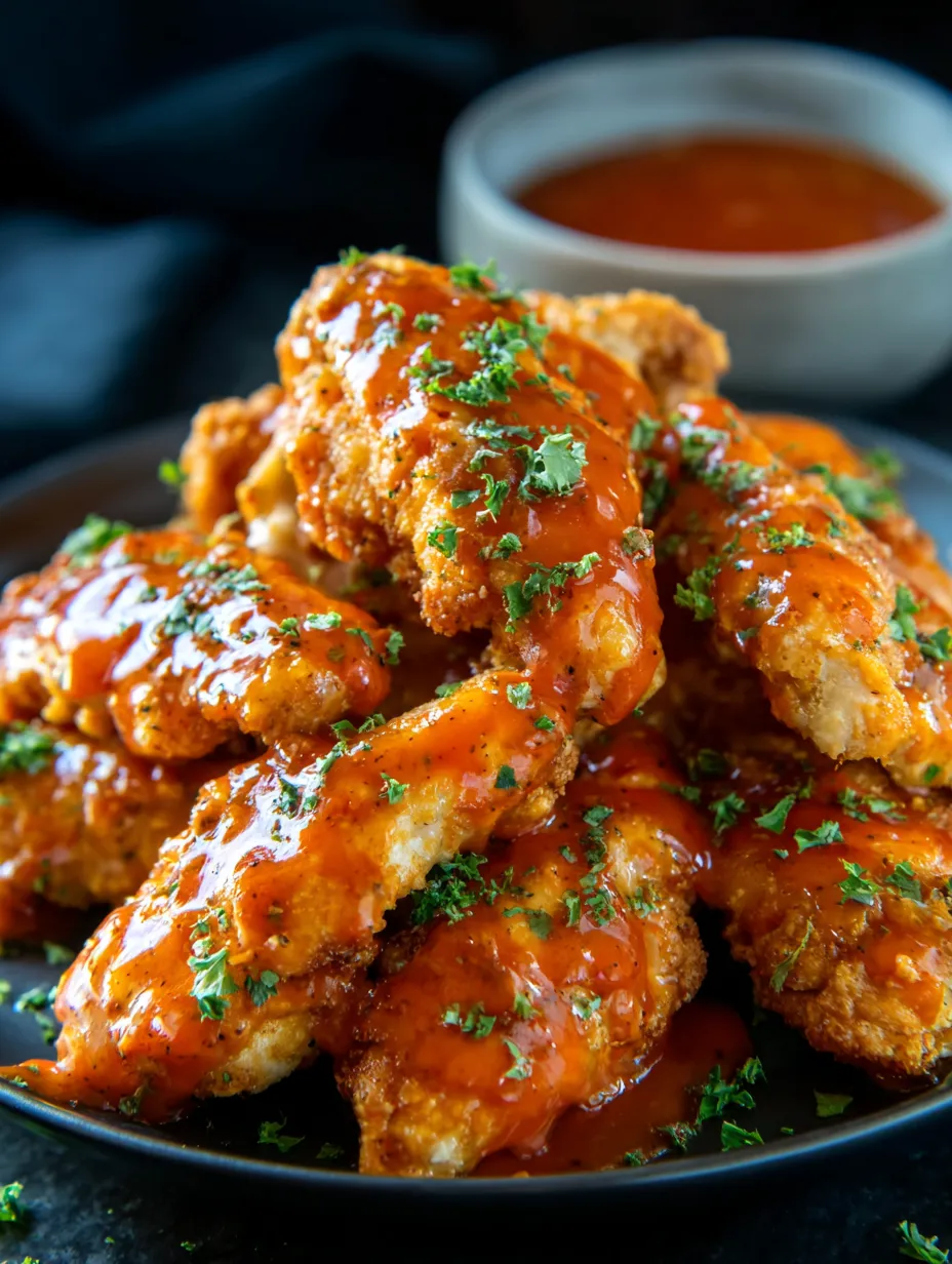 Ein Plate mit frisch zubereiteten Chicken-Wings, die in einer Sauce getaucht sind.