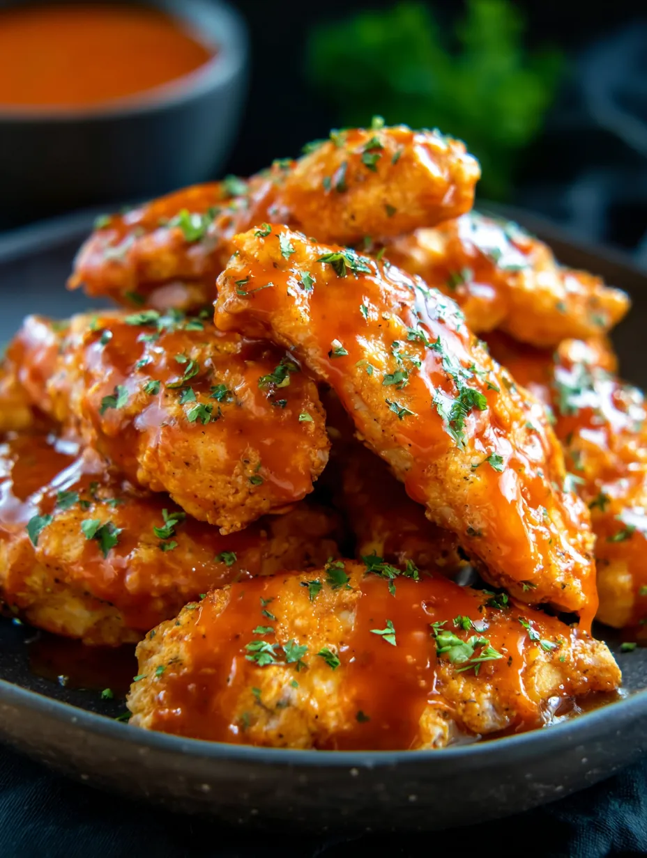 Ein Plate mit frisch zubereiteten Chicken-Wings, die mit einer Sauce ausgestrichen sind.