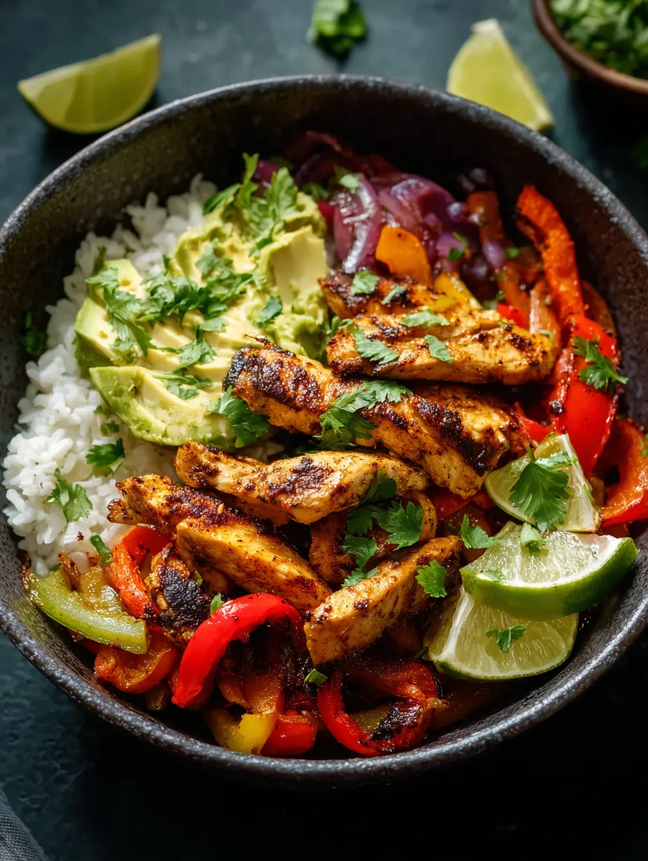 Ein schwarzes, leeres Bowl mit einer Mischung aus Rice, Avocado, Lime, Tomaten, Paprika, Zwiebeln und Chicken.