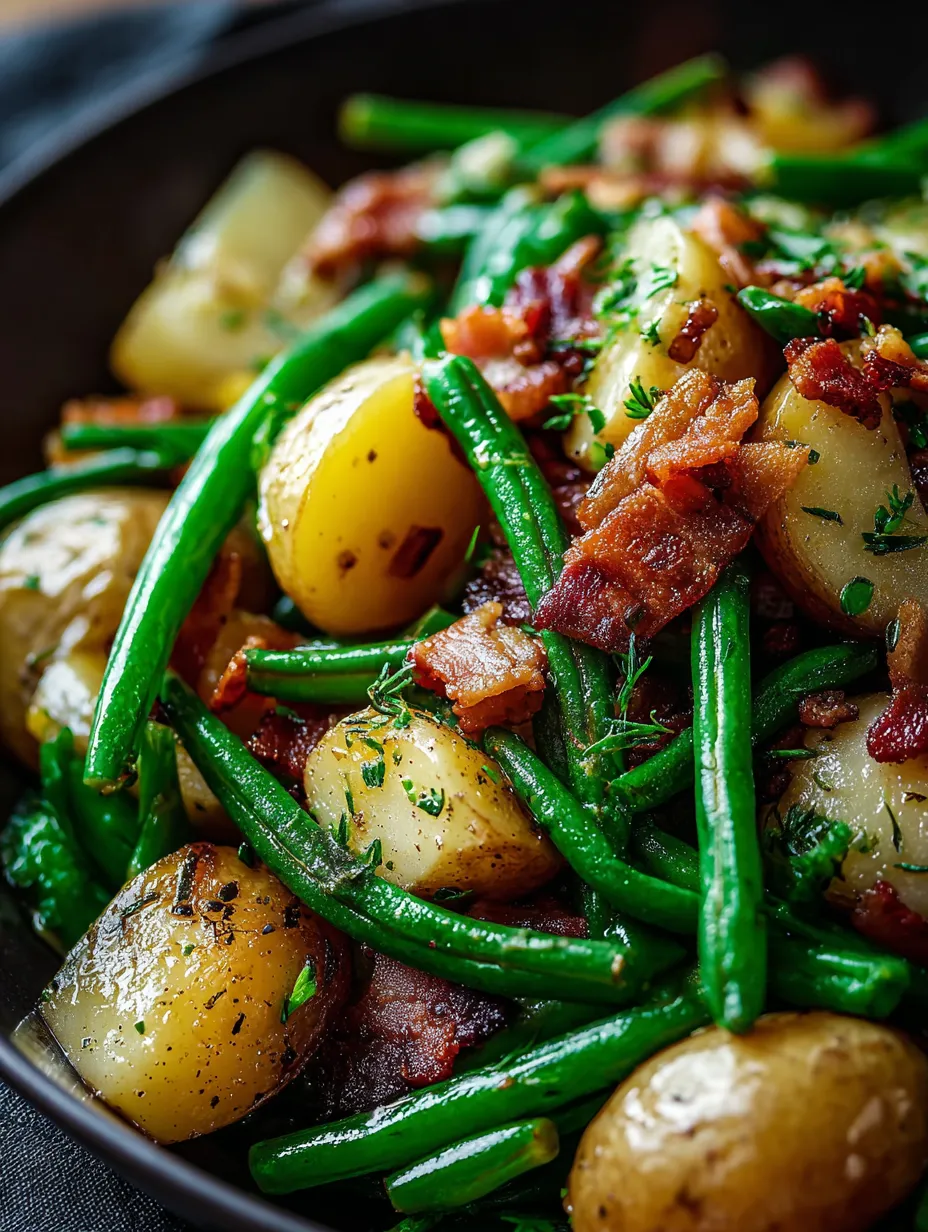 Ein Bild von einer Beilage, die aus Bacon, Kartoffeln, Zwiebeln und Gurken besteht.