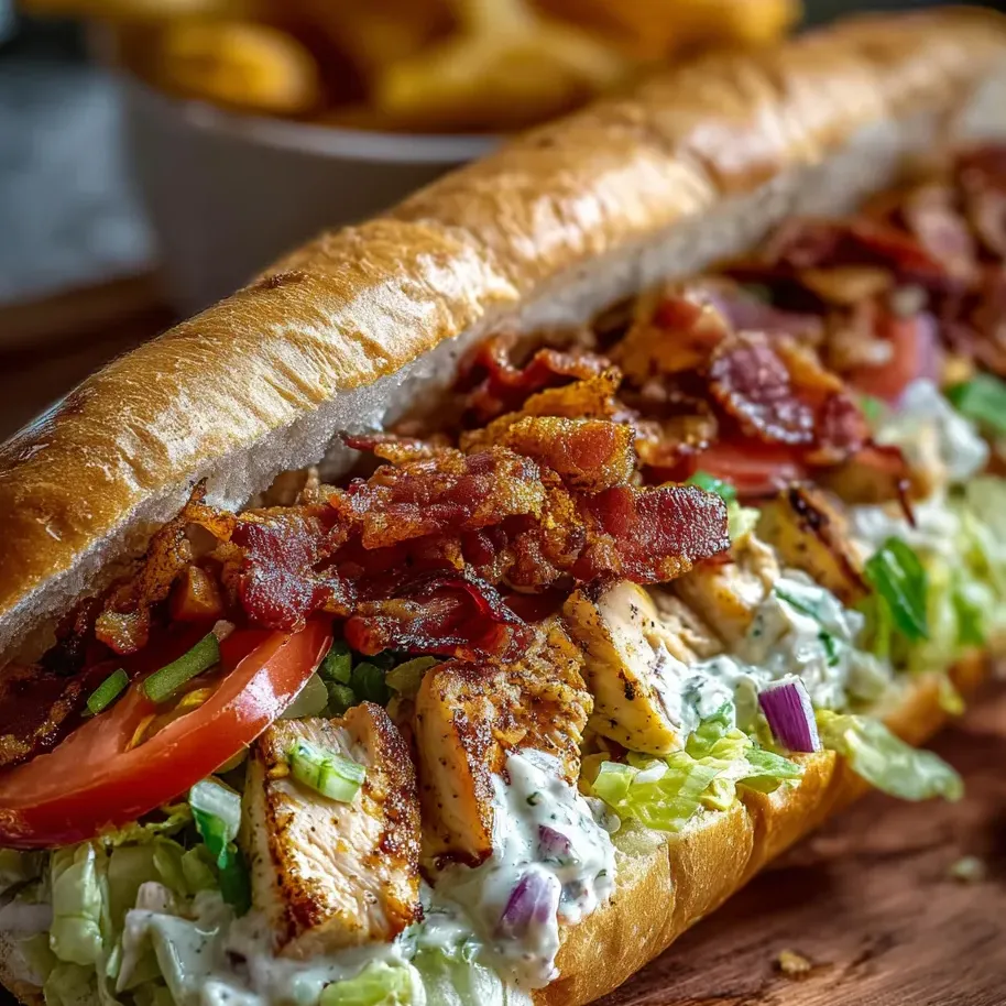 Ein großer Sandwich mit Bacon, Tomaten, Lettuce und Chicken.