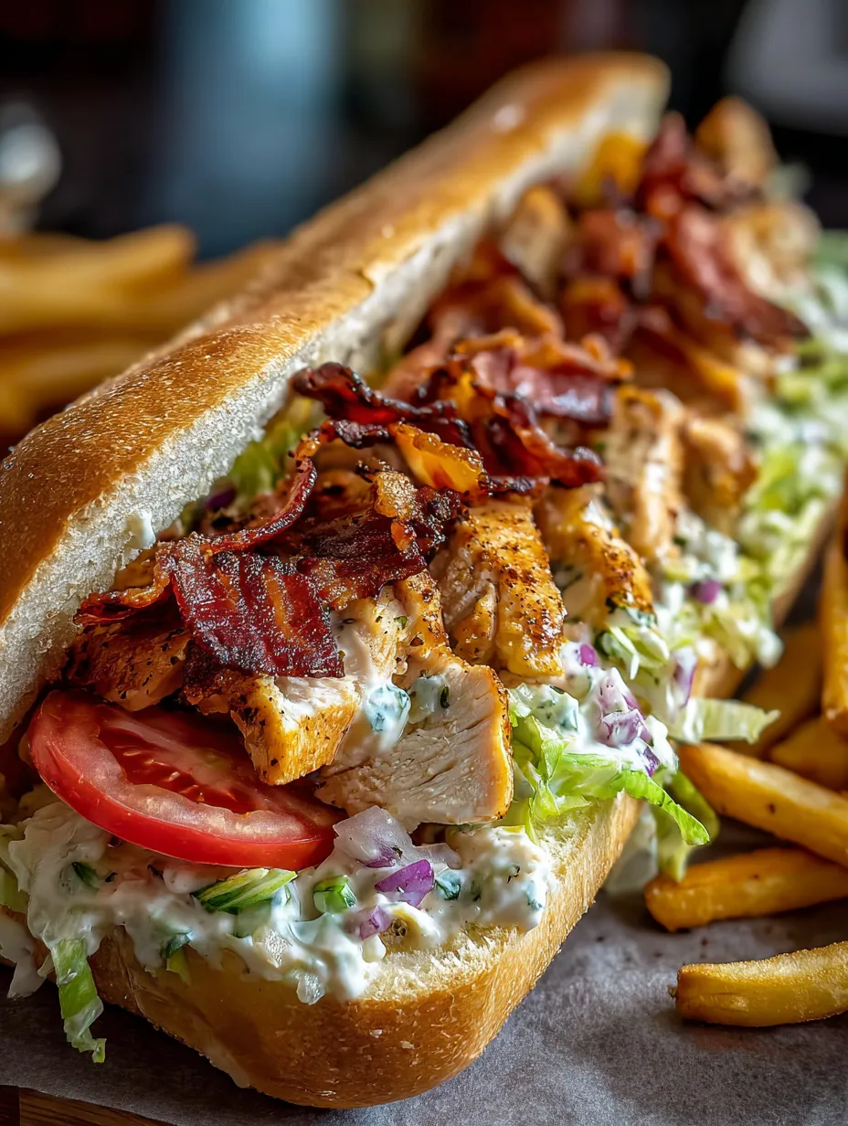 Ein Sandwich mit Bacon, Tomaten, Lettuce und Mayonnaise auf einem Baguette.