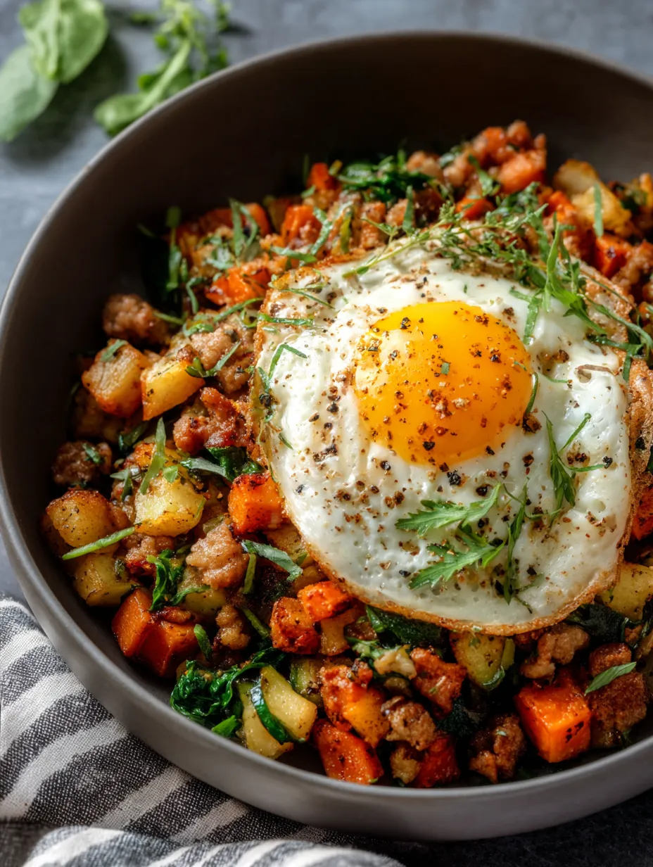 Ein Schüssel mit einer Mischung aus Fleisch, Gemüse und Ei.