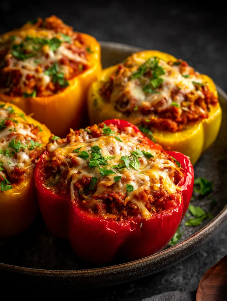 Ein Teller mit vier roten Paprika, die mit Rindfleisch und K&auml;se gef&uuml;llt sind.