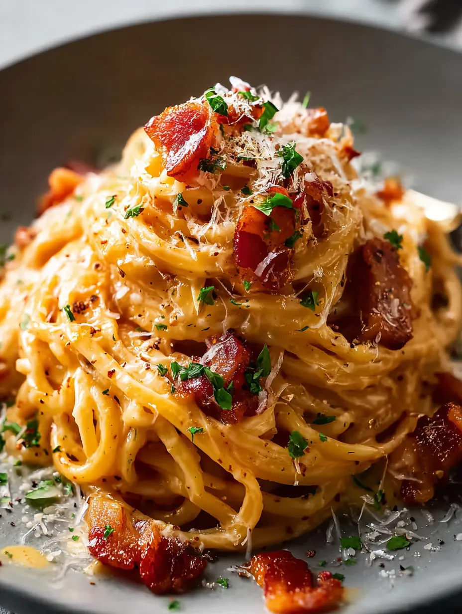 Eine Pasta-Auflaufform mit Bacon-Topping und Parmesan-Garnierung.