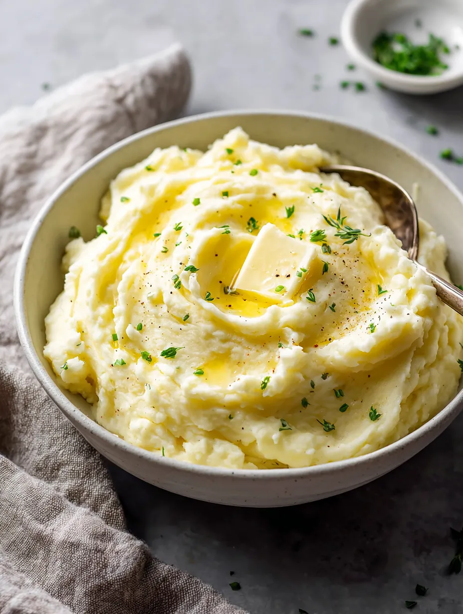Ein weißer Kartoffelkloß mit Butter und Zwiebeln.