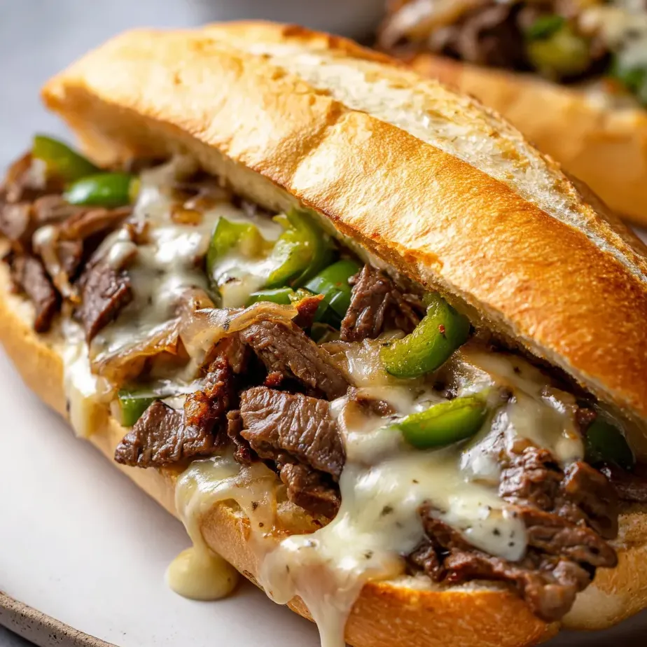 Ein Sandwich mit Steak, Peppers und Sauce auf einem Teller.