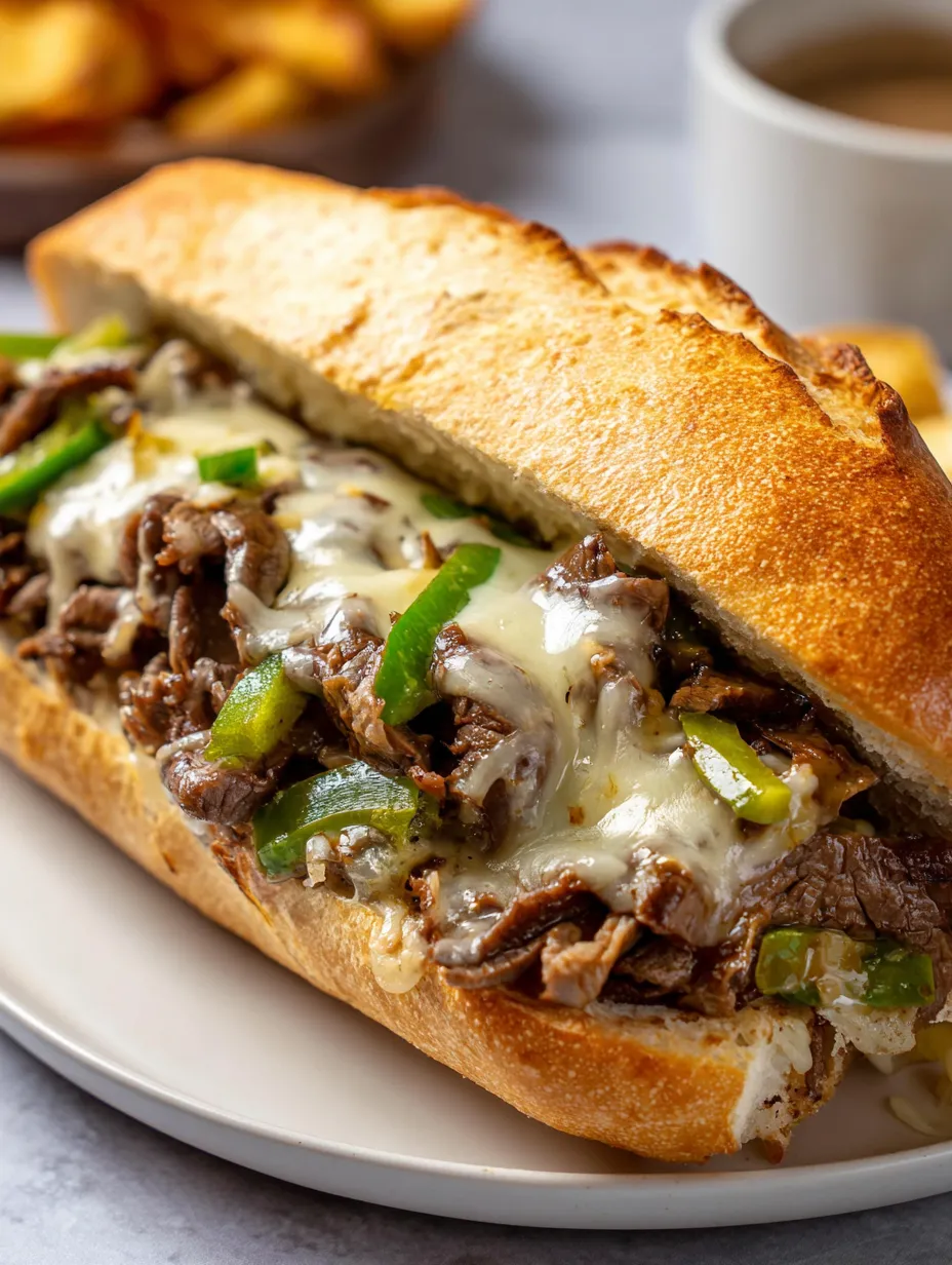 Ein Sandwich mit Steak, Peppers und Sauce auf einem weißen Teller.