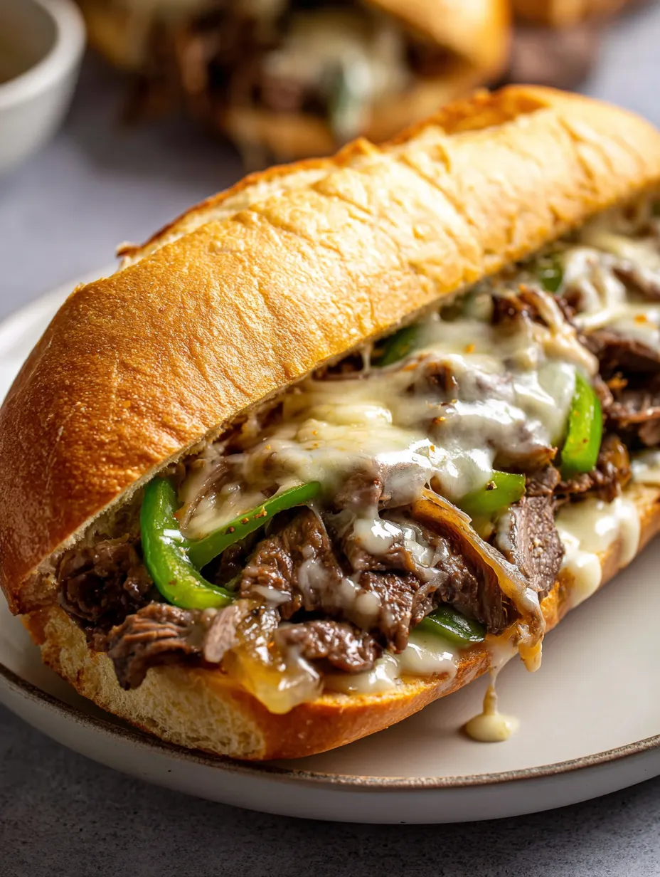 Ein Sandwich mit Steak, Peppers und Sauce auf einem Teller.