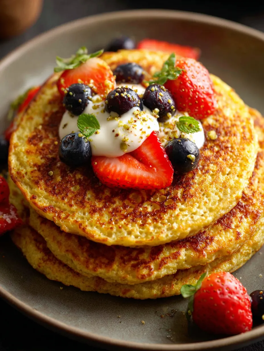Eine Platte mit Pancakes, die mit Strawberries und Blaubeeren garniert sind.