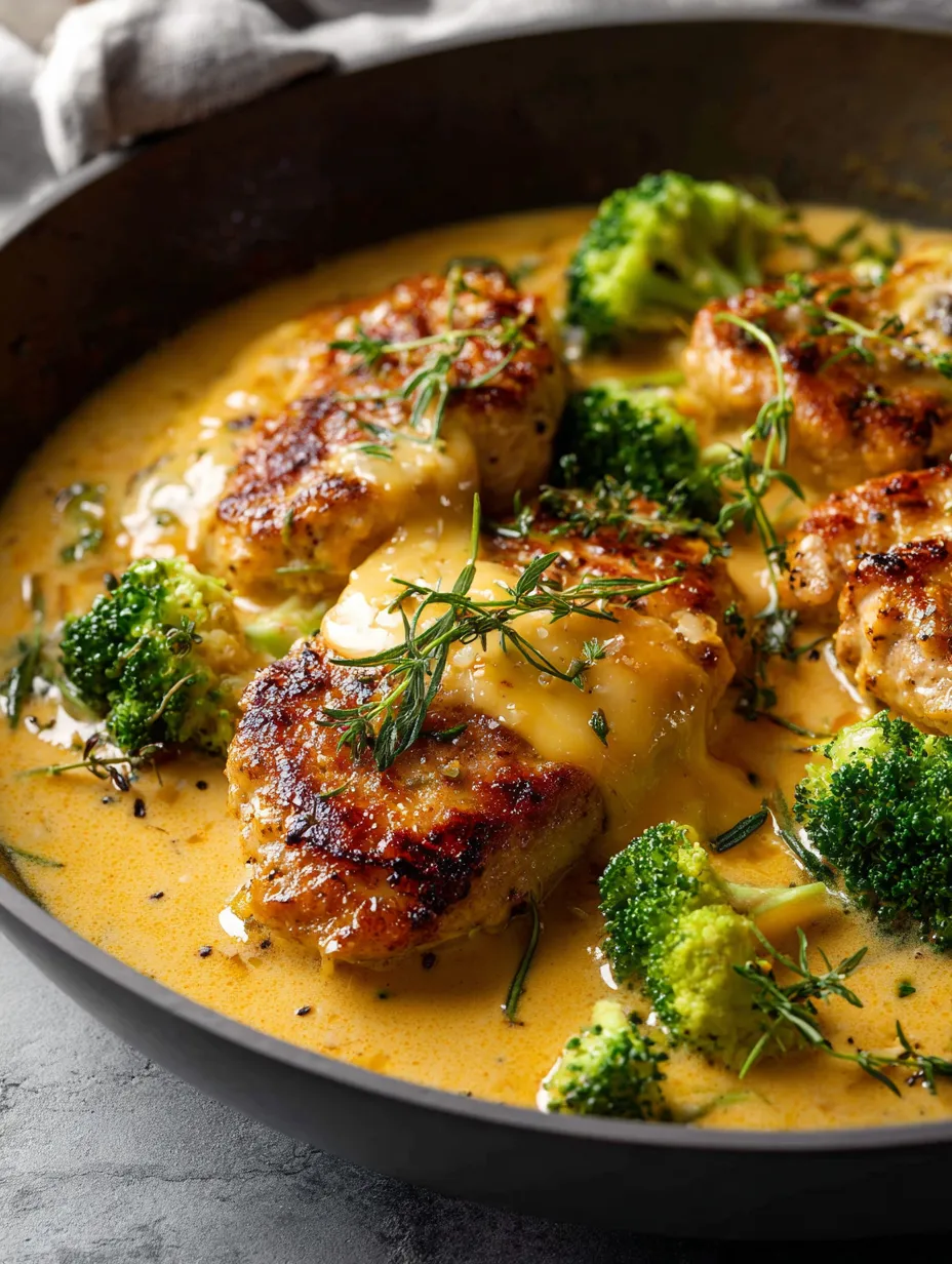 Ein Schmelztopf mit Chicken, Broccoli und Sauce.