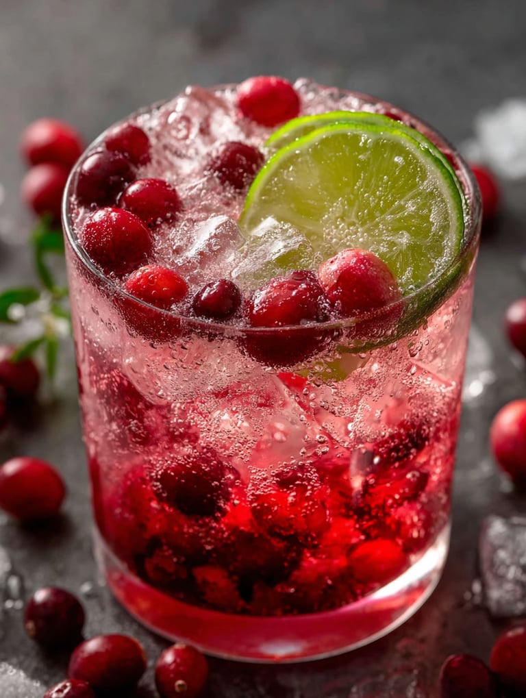 Ein Glas mit spritzigem Cranberry-Drink ohne Alkohol.