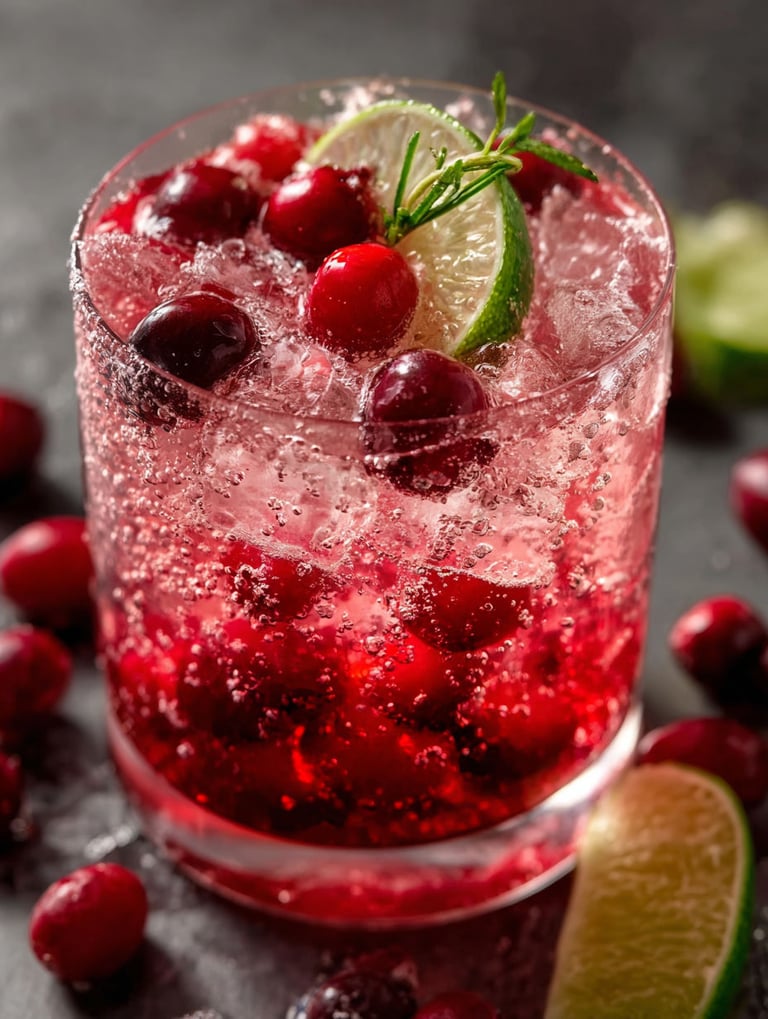Ein Glas mit einem sprudelnden Cranberry-Drink.