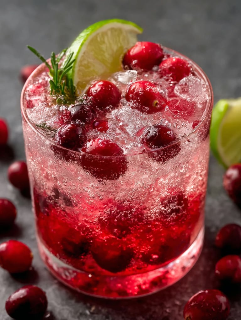 Ein Glas mit einem roten Drink und frischen Cranberries.