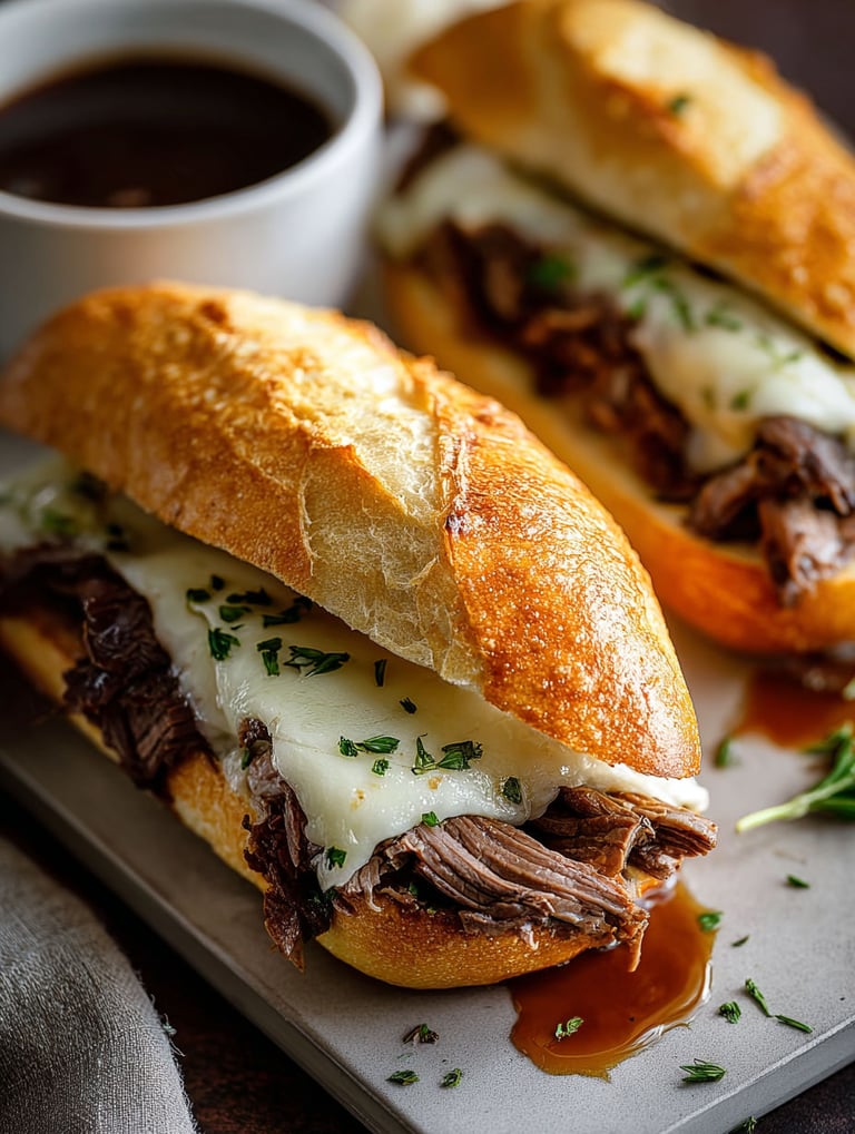 Zwei Französische Dip Sandwiches mit Käse und Sauce.