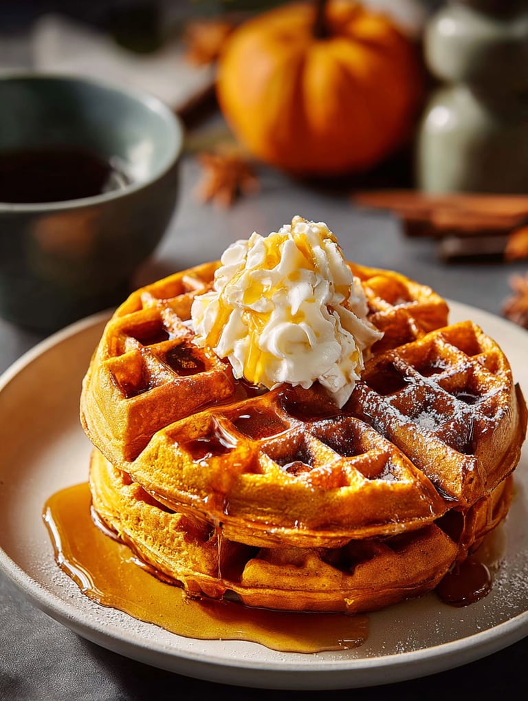 Ein Stapel Waffeln mit einem Kürbis oben drauf.