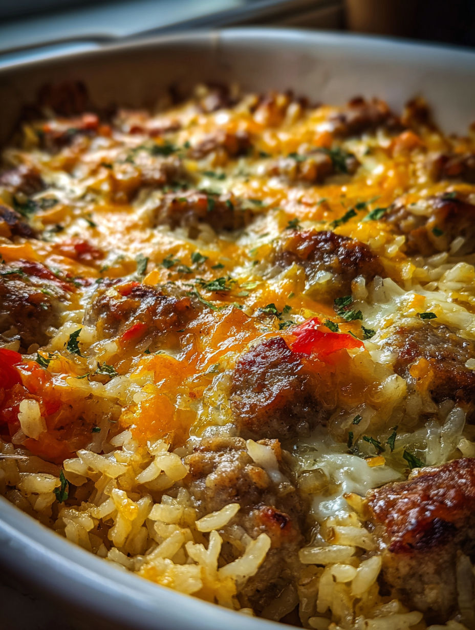 Leckerer Auflauf mit Wurst und Reis.
