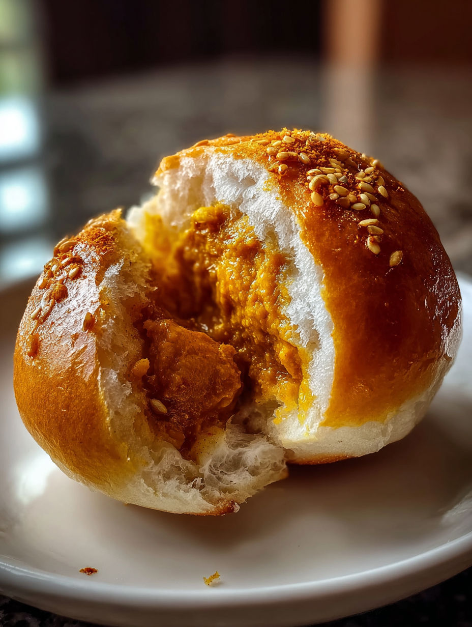 Ein japanisches Currybrötchen mit einem Stück herausgebissen.
