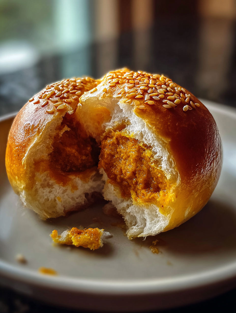 Ein japanisches Currybrötchen mit einem Biss herausgenommen.