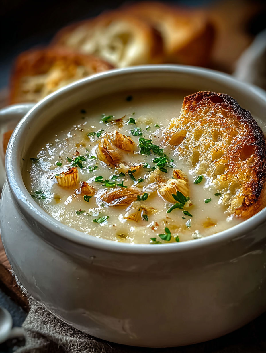 Eine Schüssel Suppe mit einem Stück Brot obendrauf.