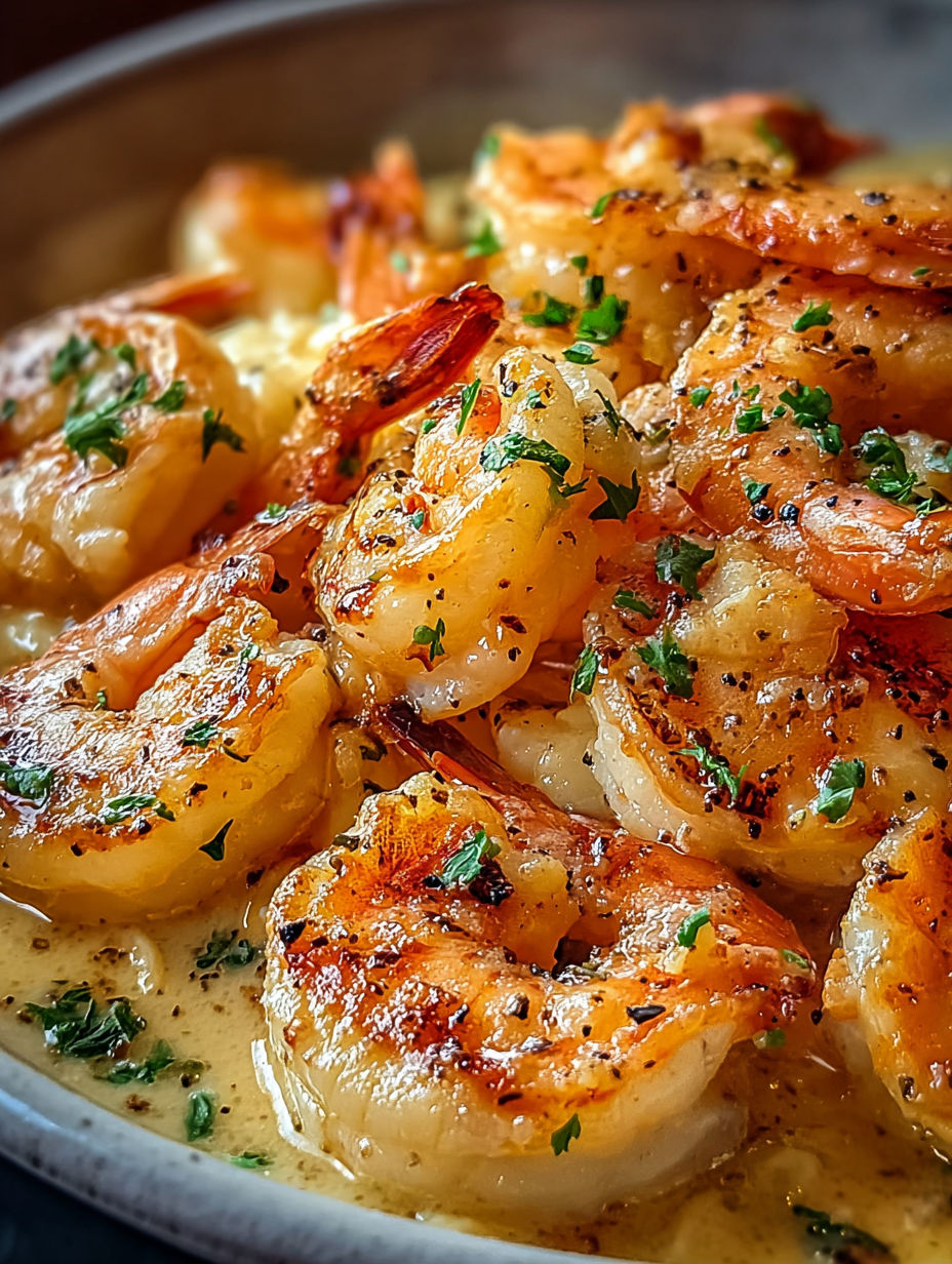 Teller mit Garnelen in weißer Sauce