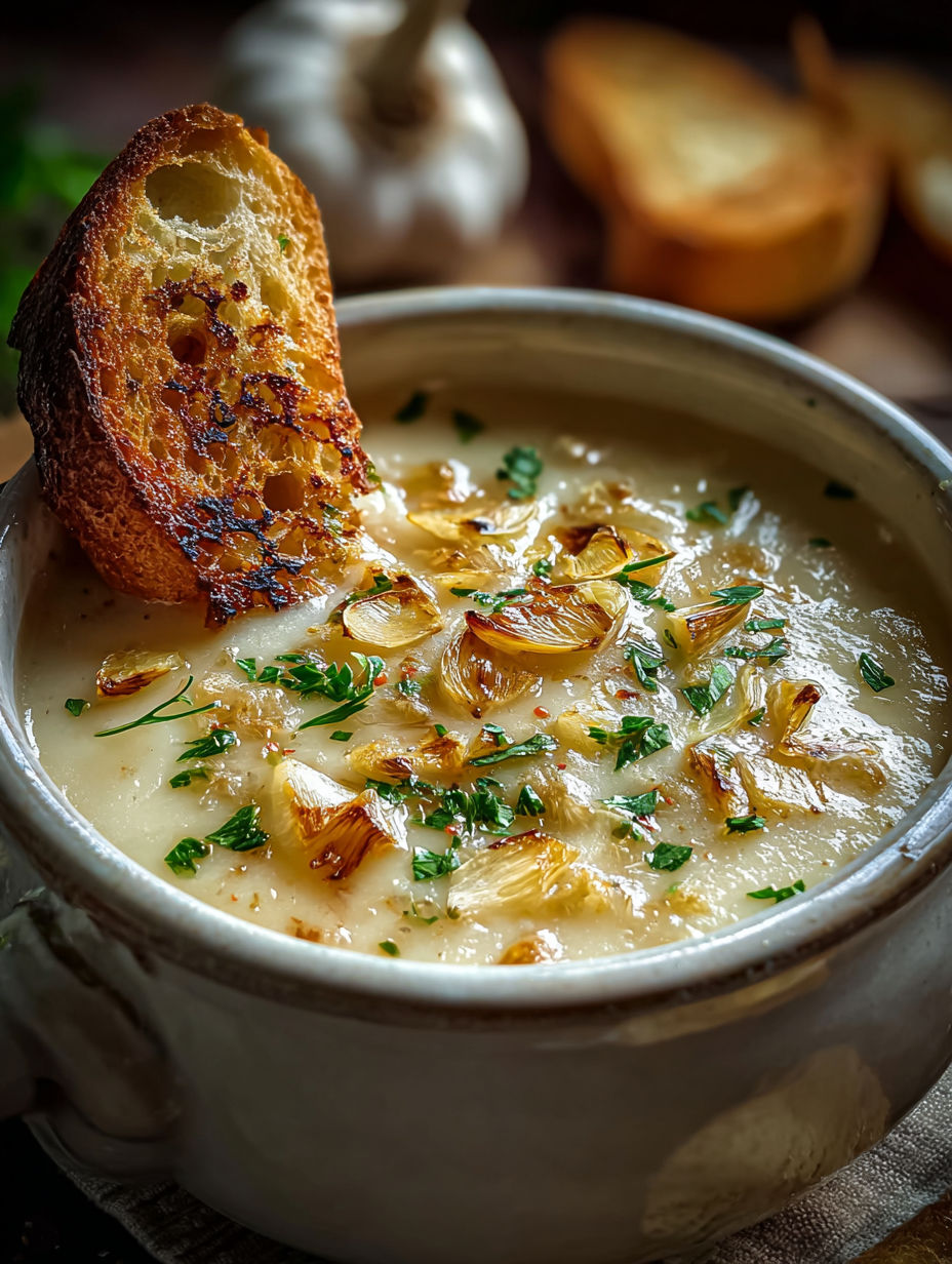 Eine Schüssel Suppe mit einem Stück Brot obendrauf.