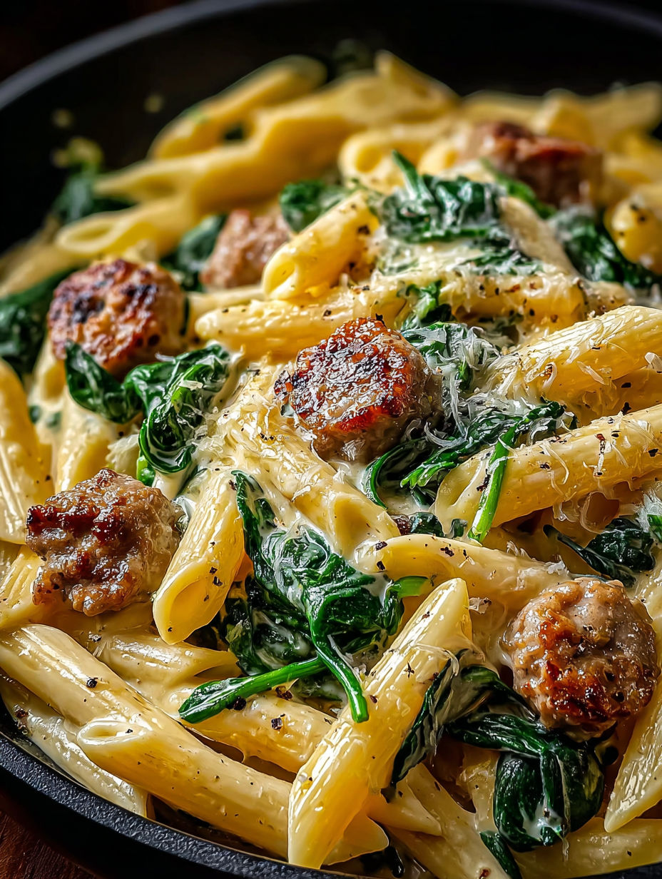 Leckere cremige Penne mit Spinat und italienischer Wurst aus einer Pfanne.