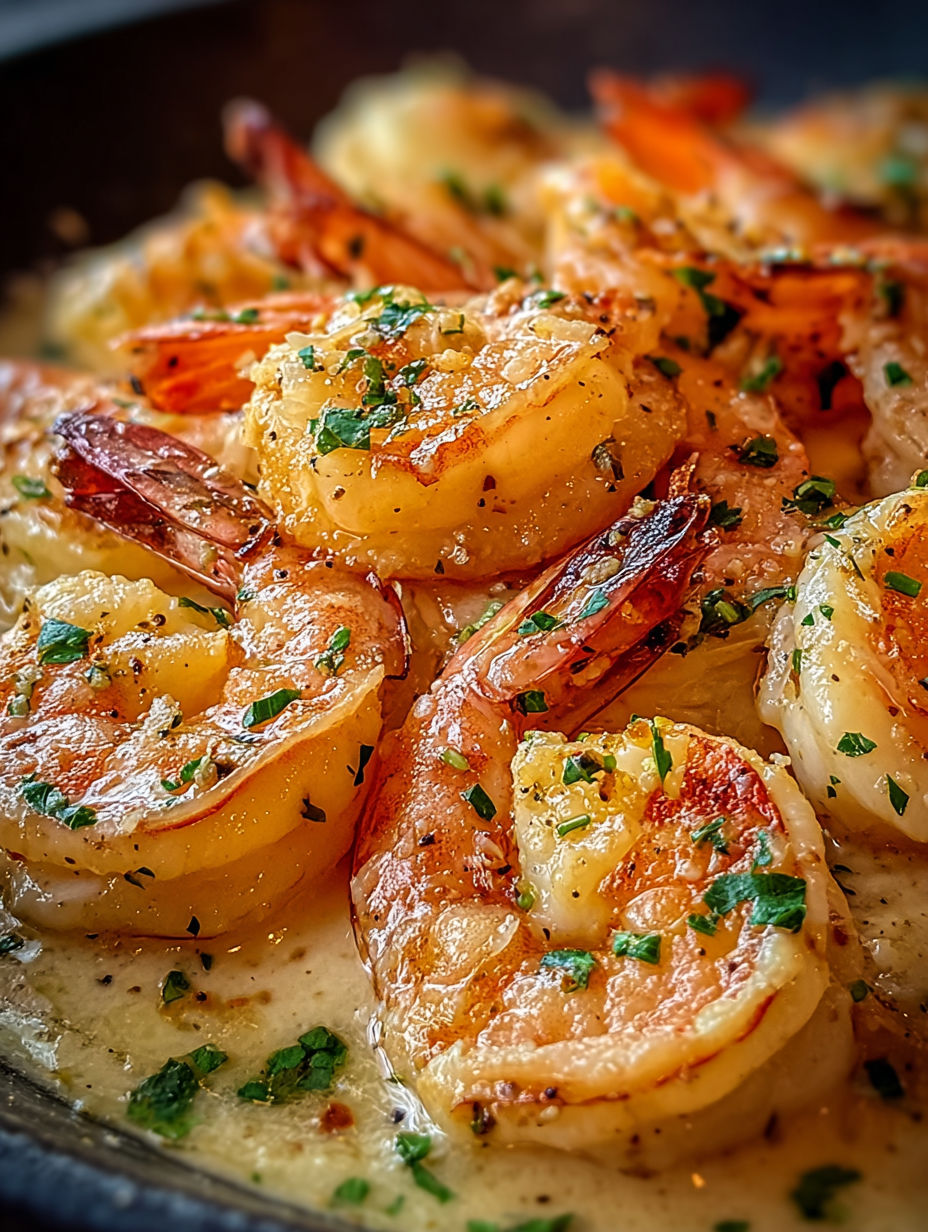 Ein Teller mit Garnelen in Knoblauchsauce.