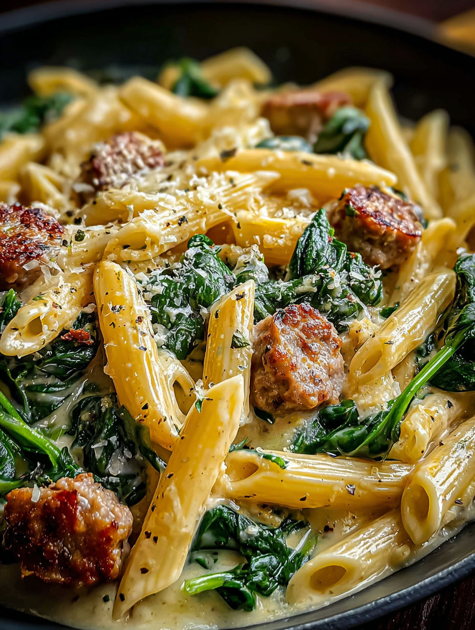 Leckere cremige Penne mit Spinat und italienischer Wurst aus einer Pfanne.